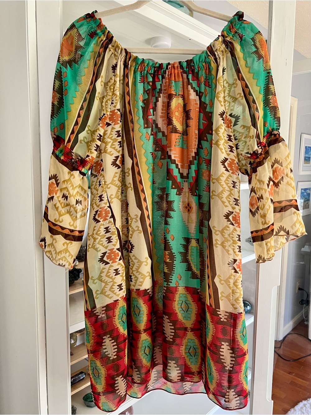 NWOT Urban Mangoz Boho Tribal Print Off-Shoulder Dress in Teal and Cream, Size L